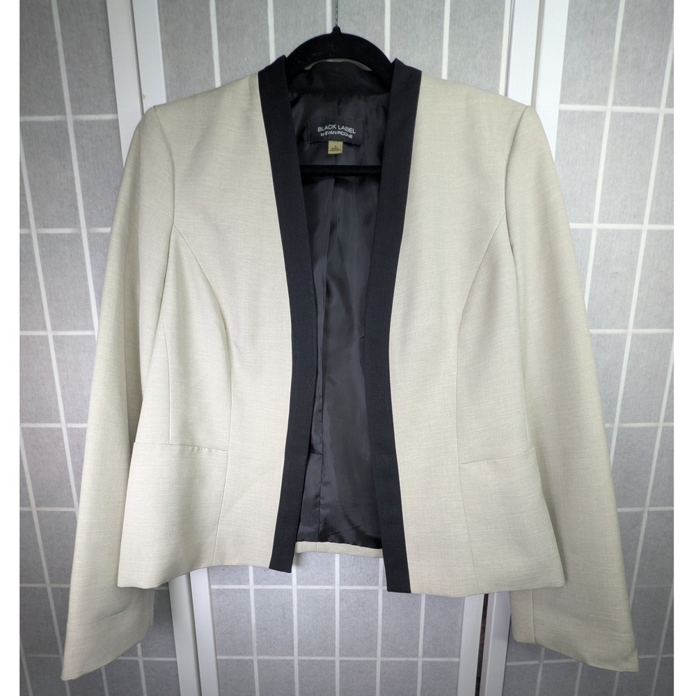 Black Label by Evan-Picone Womens Blazer Jacket Sz 8 Beige Black Trim Open Front